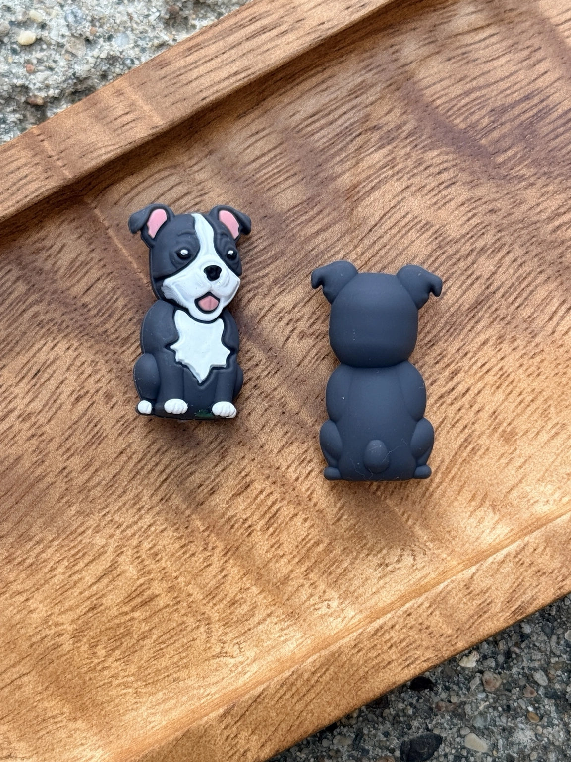 Gray and white puppy silicone focal bead featuring a detailed 3D dog design for DIY keychains, wristlets, badge reels, beadable pens, lanyards, and handmade craft projects.