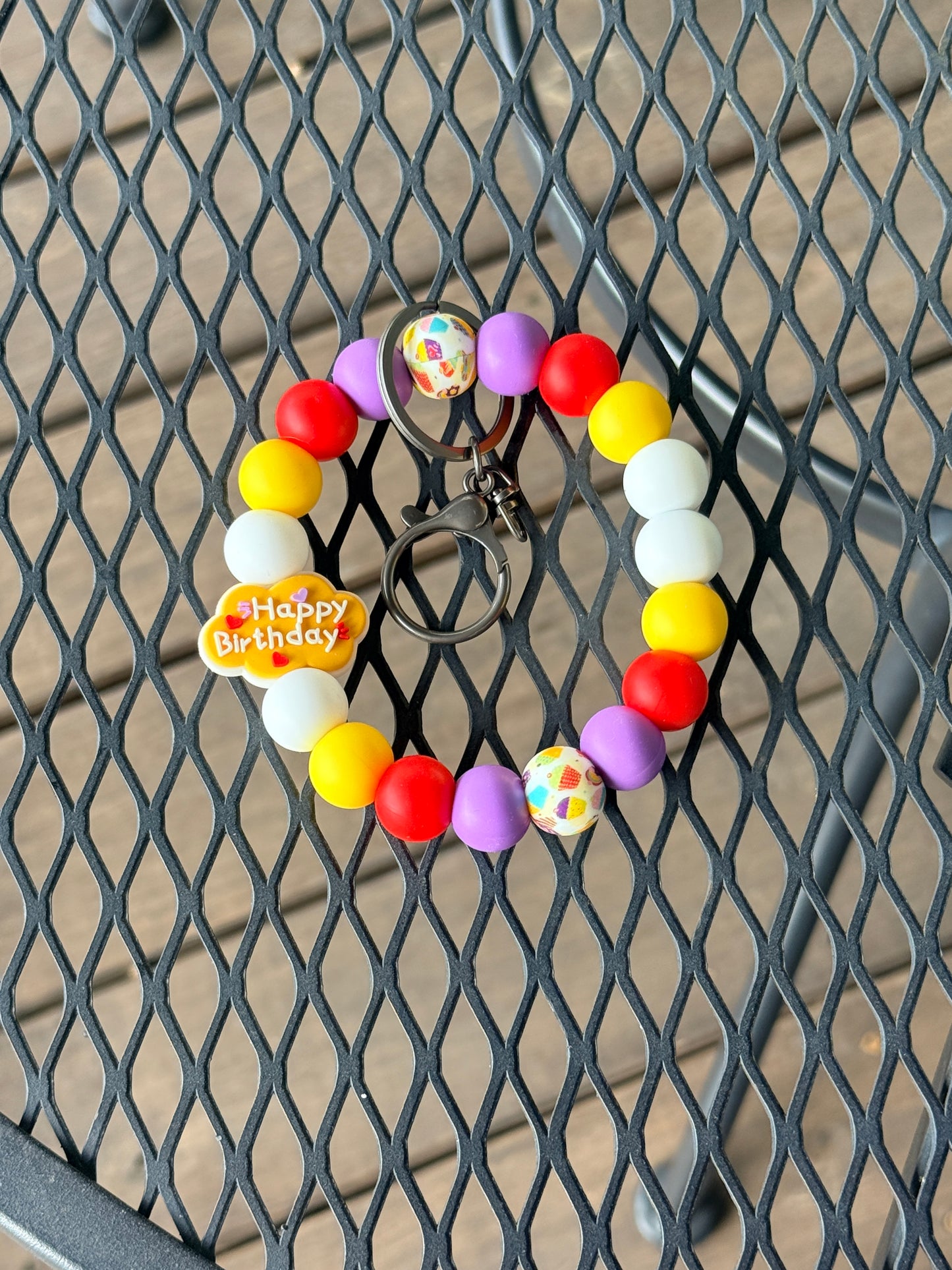 FSOH happy birthday silicone wristlet keychain with colorful beads and birthday charm design