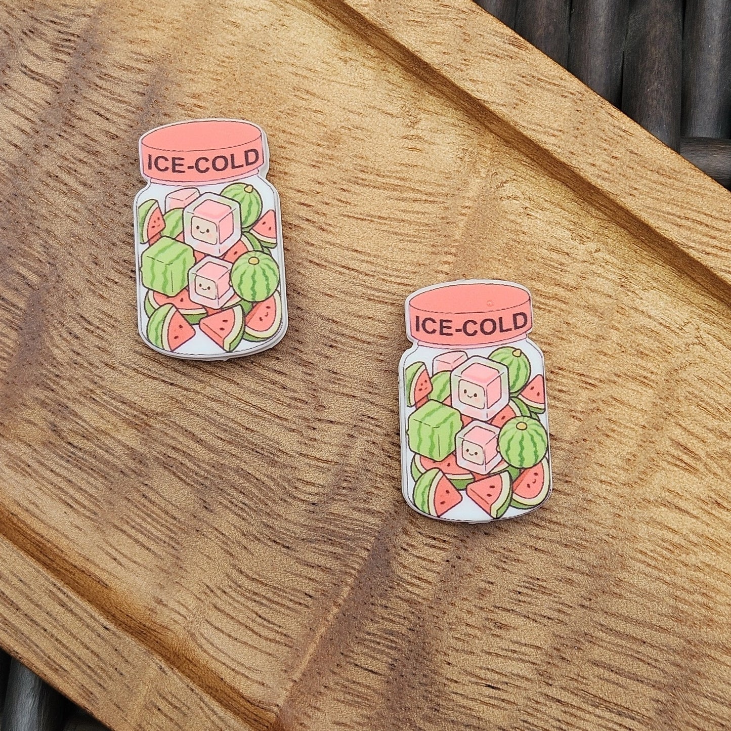 FSOH Ice-Cold Watermelon Jar premium 3D silicone focal bead featuring watermelon slices, mini watermelons, and smiling ice cubes for beaded pens, keychains, badge reels, wristlets, and DIY craft projects.