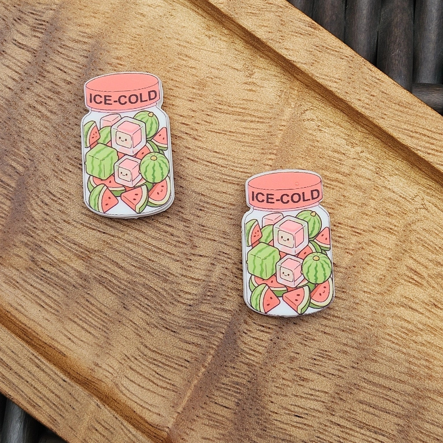 FSOH Ice-Cold Watermelon Jar premium 3D silicone focal bead featuring watermelon slices, mini watermelons, and smiling ice cubes for beaded pens, keychains, badge reels, wristlets, and DIY craft projects.
