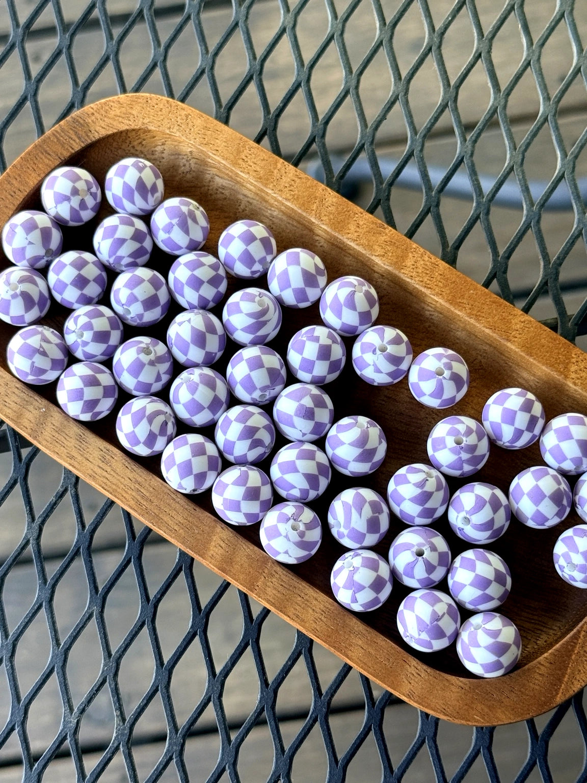 Lavender and white checker printed 15mm silicone beads for beadable pens, keychains, wristlets, and DIY craft jewelry