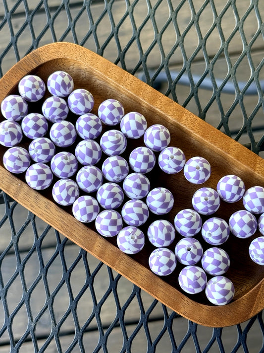 Lavender and white checker printed 15mm silicone beads for beadable pens, keychains, wristlets, and DIY craft jewelry