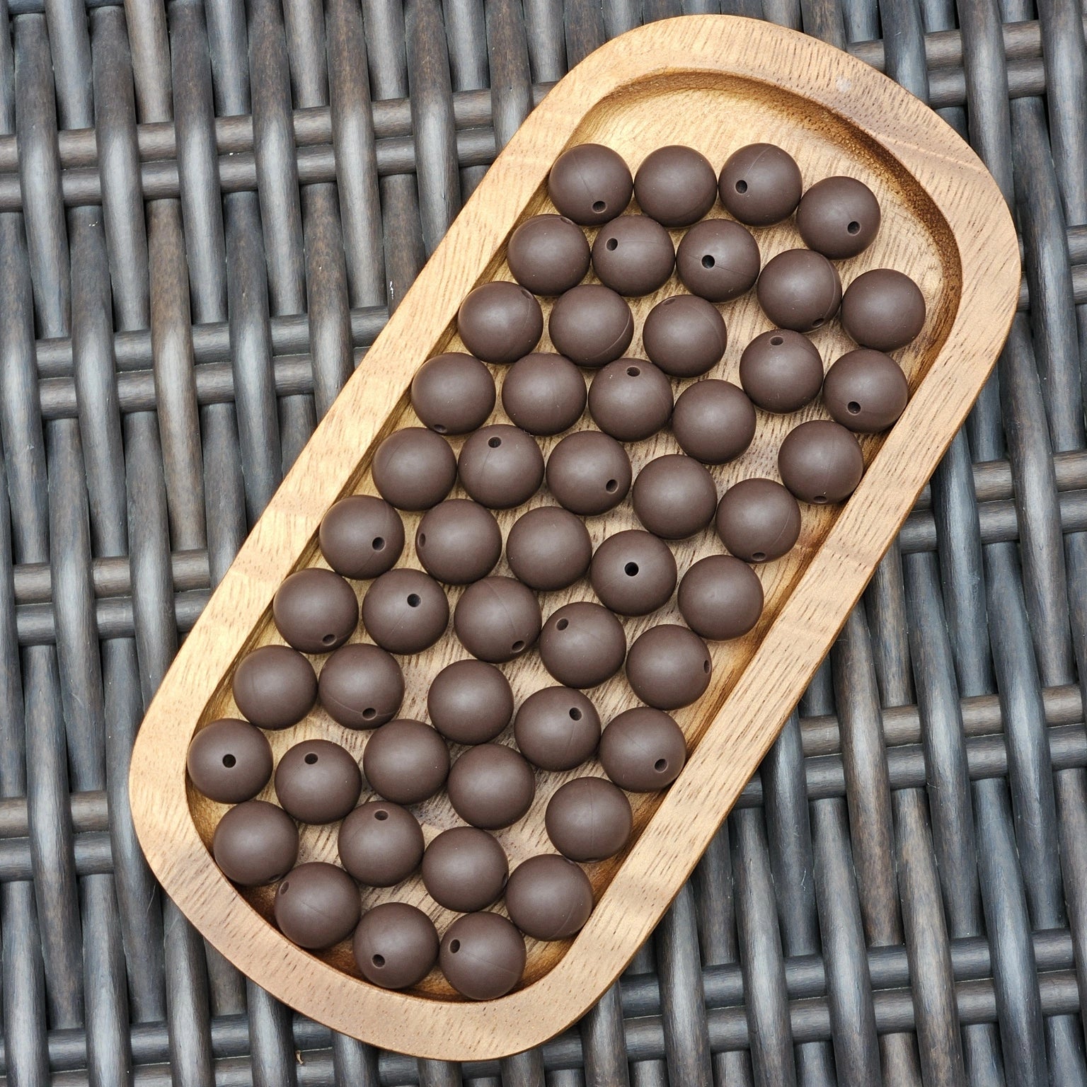 FSOH Mocha Bean premium 15mm silicone round beads in a rich matte chocolate brown. BPA-free food-grade silicone beads available in 1, 15, 30, 60 and 120 count options for beadable pens, wristlets, keychains, badge reels, bookmarks, jewelry, and DIY craft projects.