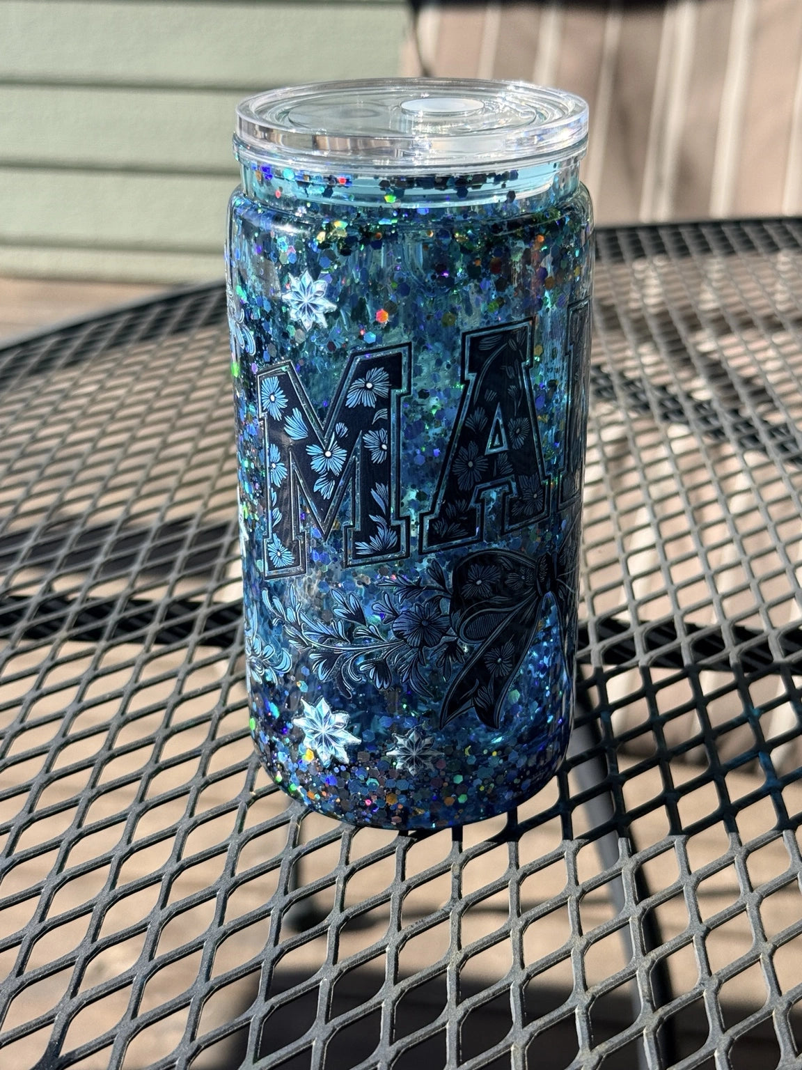 Mom blue glitter snowglobe tumbler acrylic cup with bow floral design lid and straw