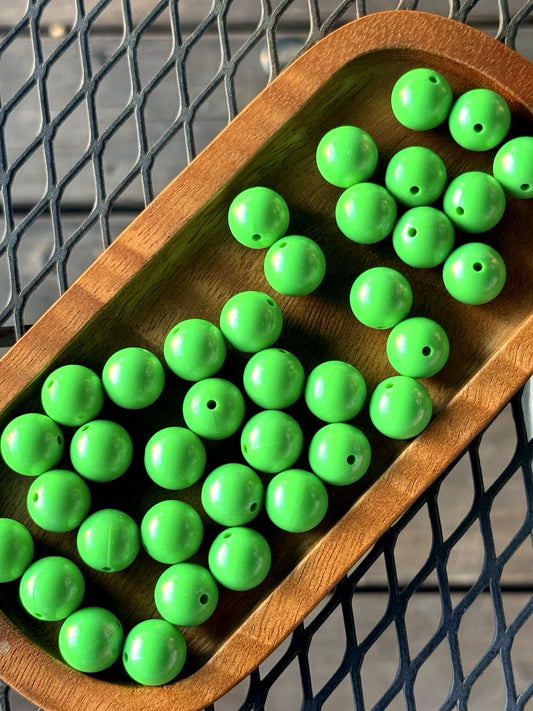 15mm neon green opal silicone beads with glossy shimmer finish for beadable pens, keychains, jewelry making, and DIY crafts