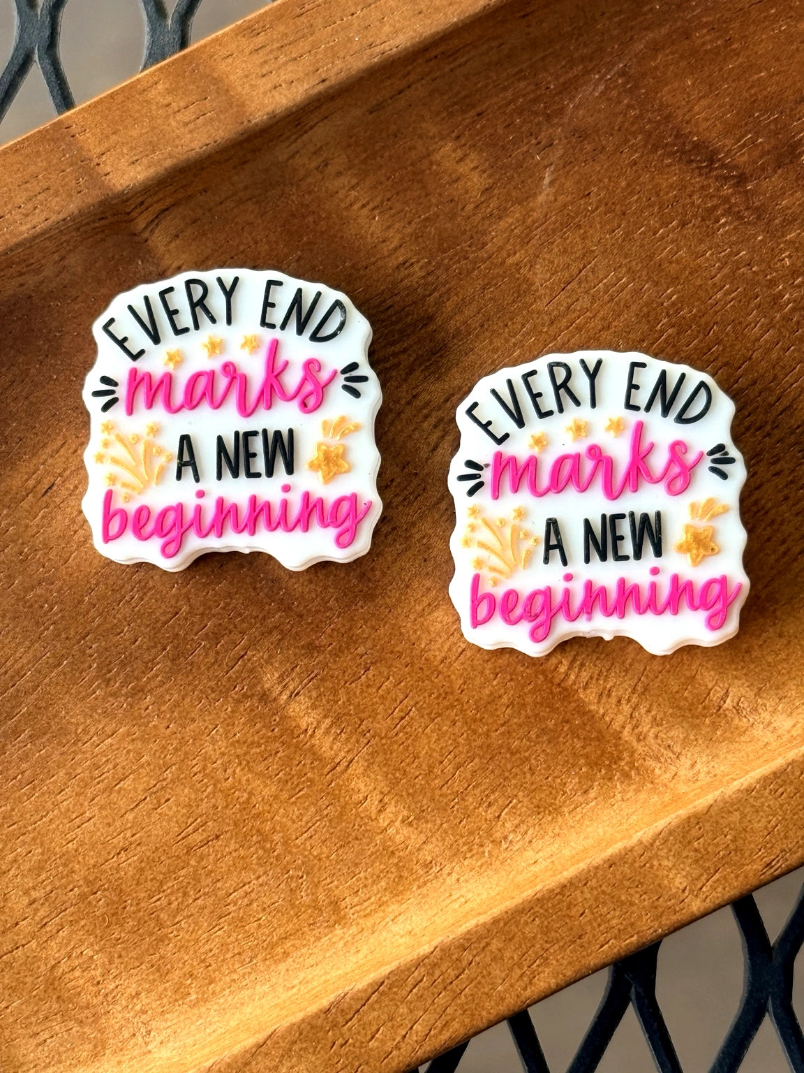 Inspirational silicone focal bead featuring “Every End Marks A New Beginning” quote for pens, badge reels, keychains, and DIY crafts