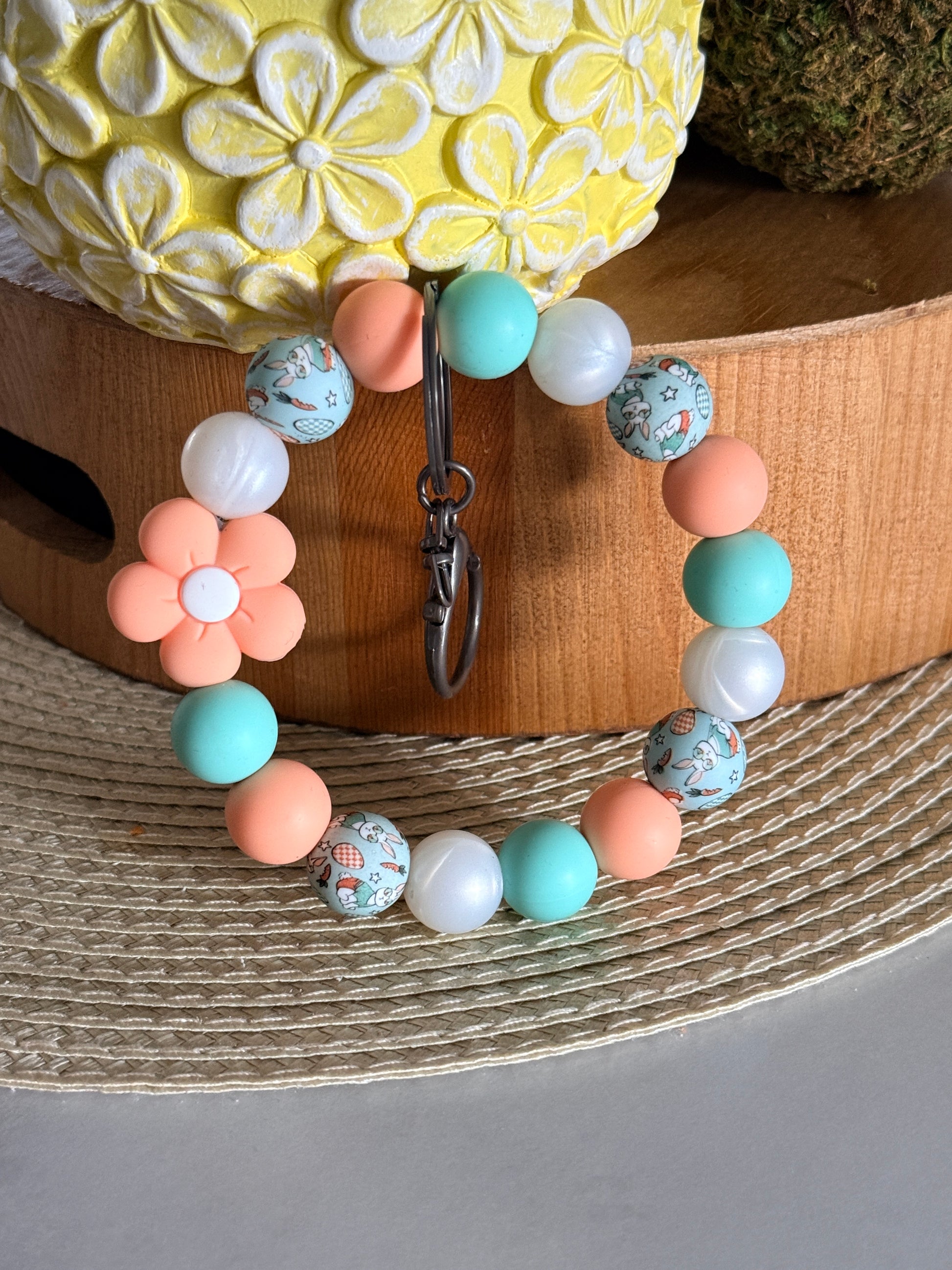 FSOH silicone wristlet keychain with peach, mint, and floral beads featuring soft pastel spring design