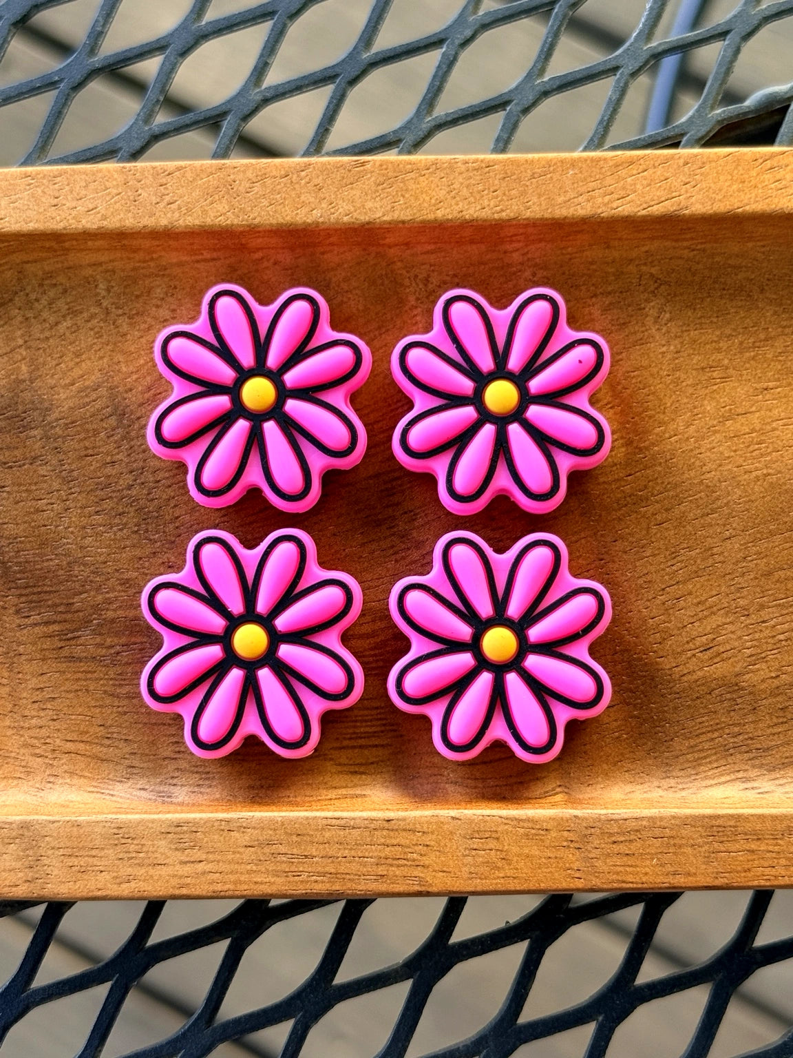 bright pink daisy silicone focal beads with yellow centers for beadable crafts and DIY accessories