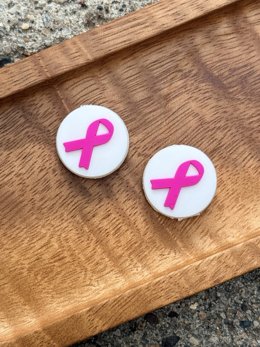 Pink ribbon awareness silicone focal bead featuring a breast cancer awareness ribbon design for DIY keychains, wristlets, badge reels, beadable pens, and handmade awareness gifts.