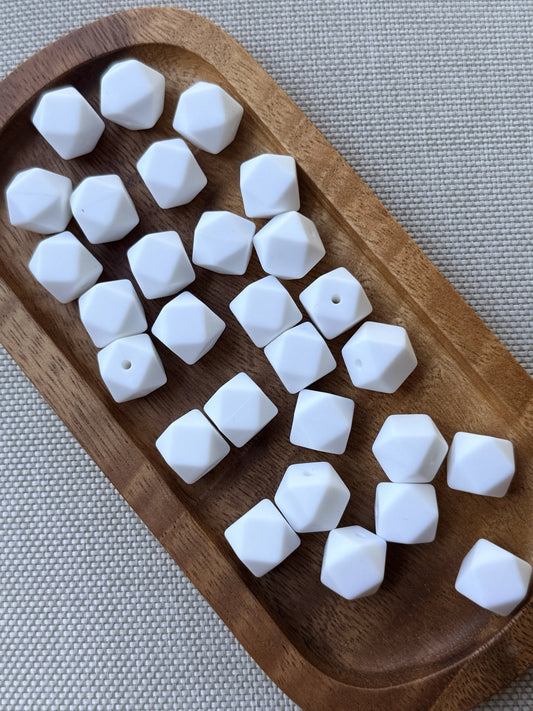 Pure Snow matte white 14mm silicone hexagon beads with a faceted geometric design. Premium silicone craft beads available in 5 or 10 count bags for beaded pens, keychains, wristlets, badge reels, and DIY craft projects.