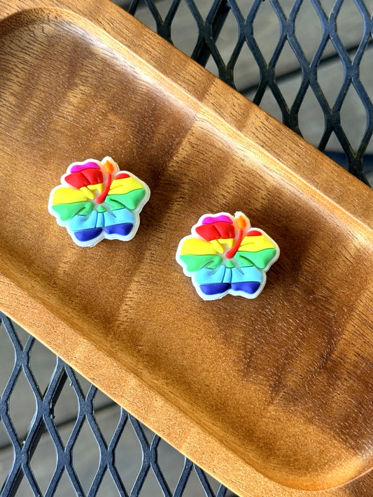 Rainbow hibiscus flower silicone focal bead with tropical multicolor design for beadable pens, keychains, and summer DIY crafts