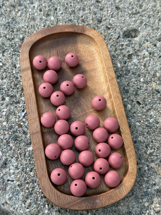 Rosewood Bloom 15mm matte silicone round beads in a warm dusty rose and mauve shade for beaded pens, wristlets, keychains, badge reels and DIY crafts.