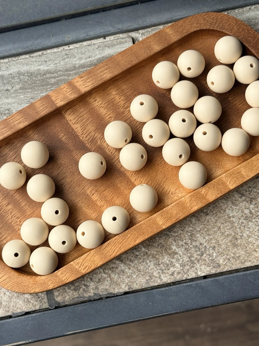 15mm matte silicone round beads in warm sandy beige color for beadable pens, keychains, jewelry making, wristlets, and DIY craft projects