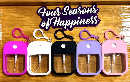 Colorful hand sanitizer holder keychains from Four Seasons of Happiness for DIY crafting and everyday accessories