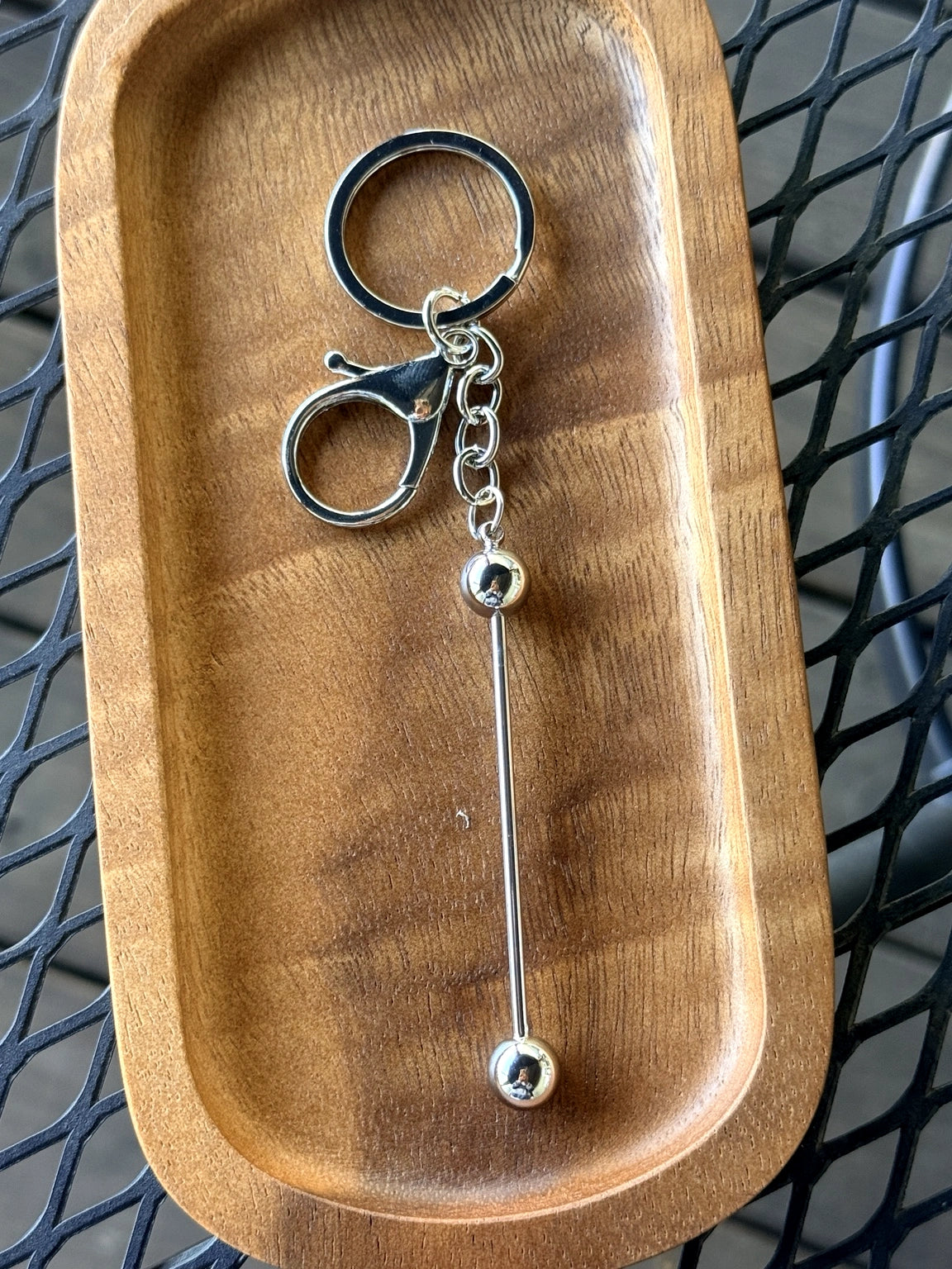 Silver lobster claw beadable keychain hardware with metal rod attachment for silicone bead keychains, wristlets, and DIY craft projects