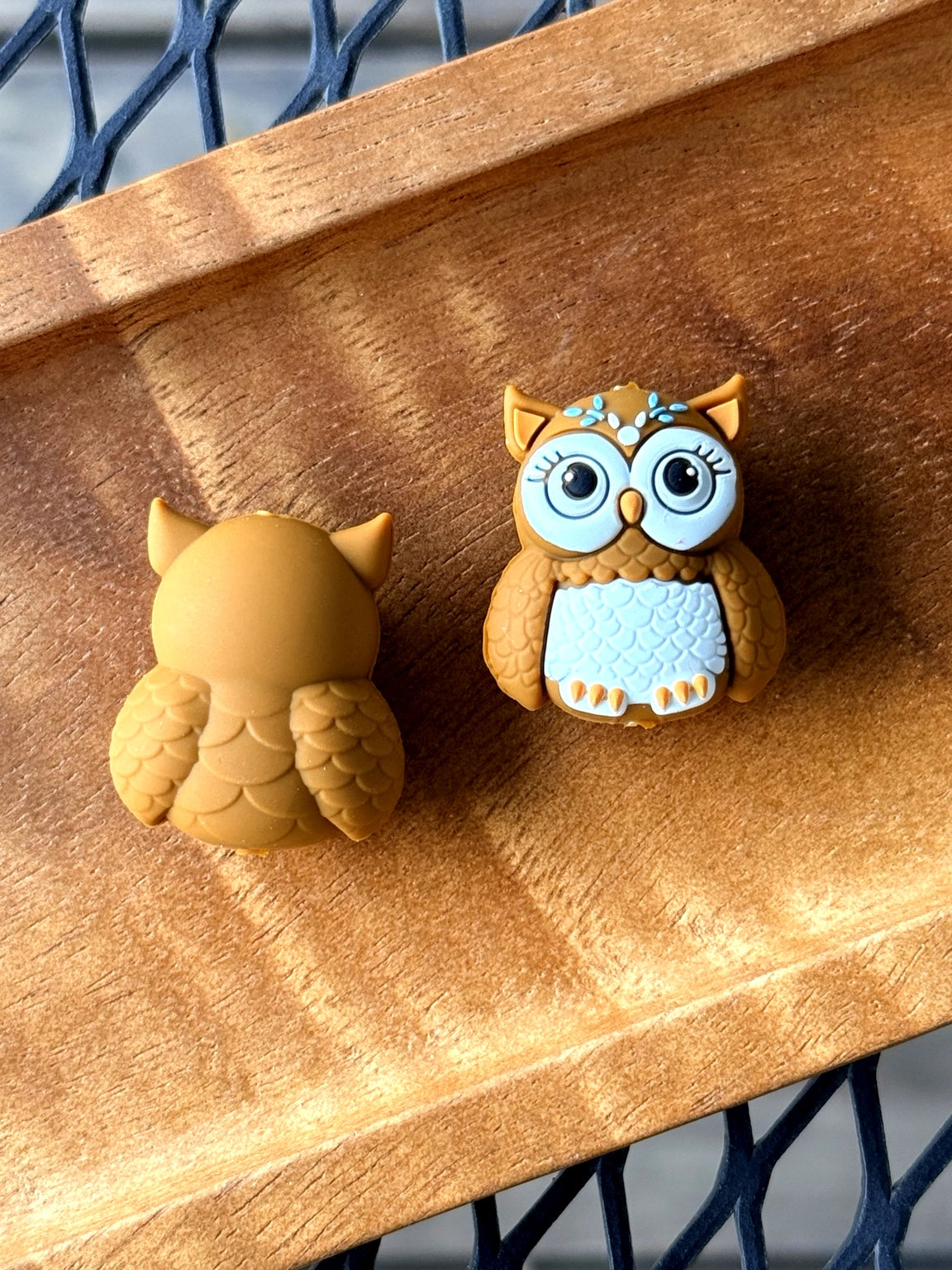 3D owl silicone focal bead in warm brown and pastel blue colors for beadable pens, keychains, jewelry making, and DIY crafts