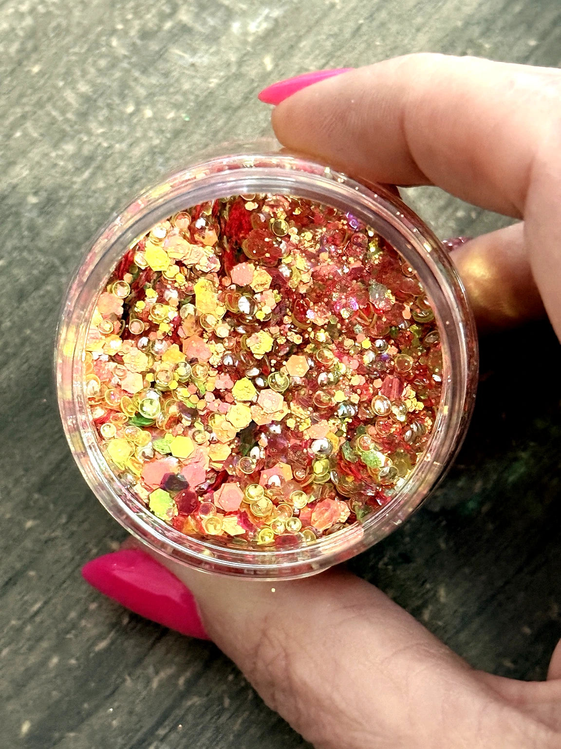 Happiness Burst chunky and fine glitter mix in coral, gold, and pink tones for snow globe tumblers, resin crafts, and DIY tumbler projects from Four Seasons of Happiness.