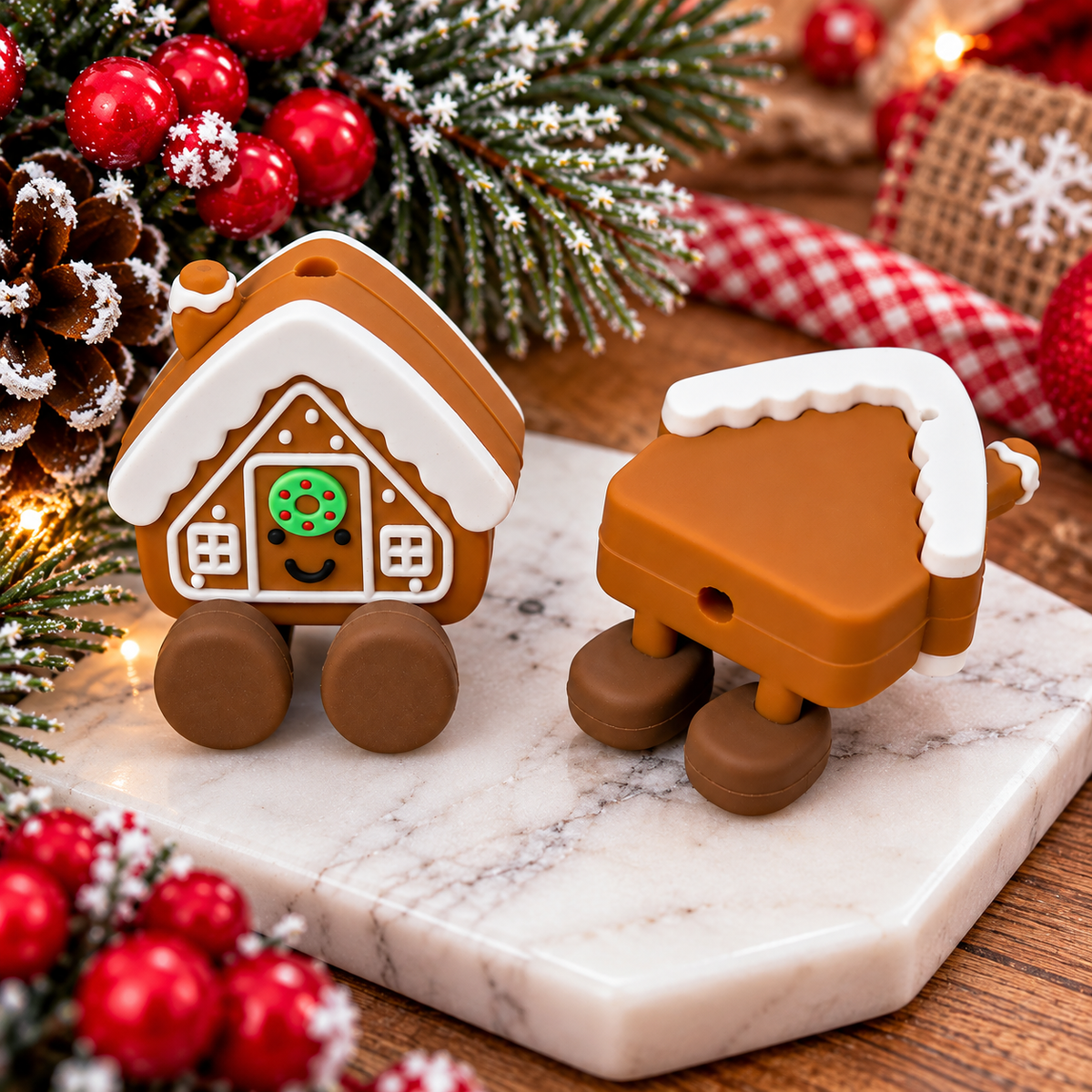 Home Sweet Gingerbread Christmas silicone focal bead featuring a smiling brown gingerbread house with white snow icing roof, green wreath, tiny windows, chimney, and brown boots, sold individually.