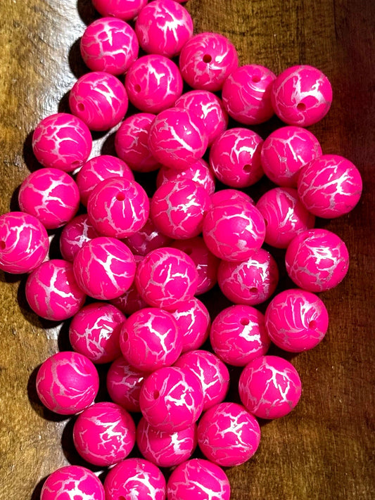 Hot pink crackle silicone beads 15mm round for bracelet making, beadable pens and DIY jewelry crafts