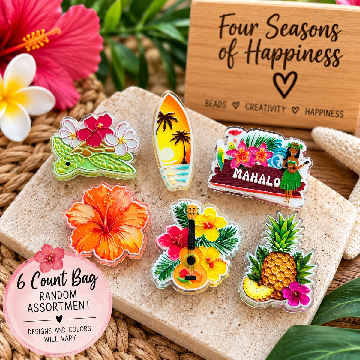 Island Happiness tropical acrylic focal bead assortment featuring colorful pineapple, hibiscus, sea turtle, surf and island-inspired designs from FSOH.