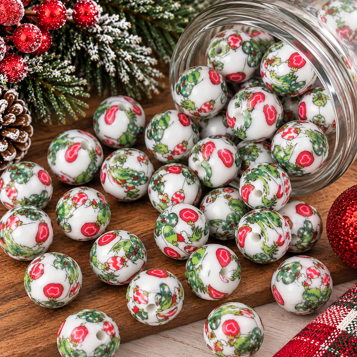 Merry Grinchmas Mayhem 15mm printed silicone beads featuring green Christmas characters, red holiday ornaments, and festive designs on a white background, sold individually.