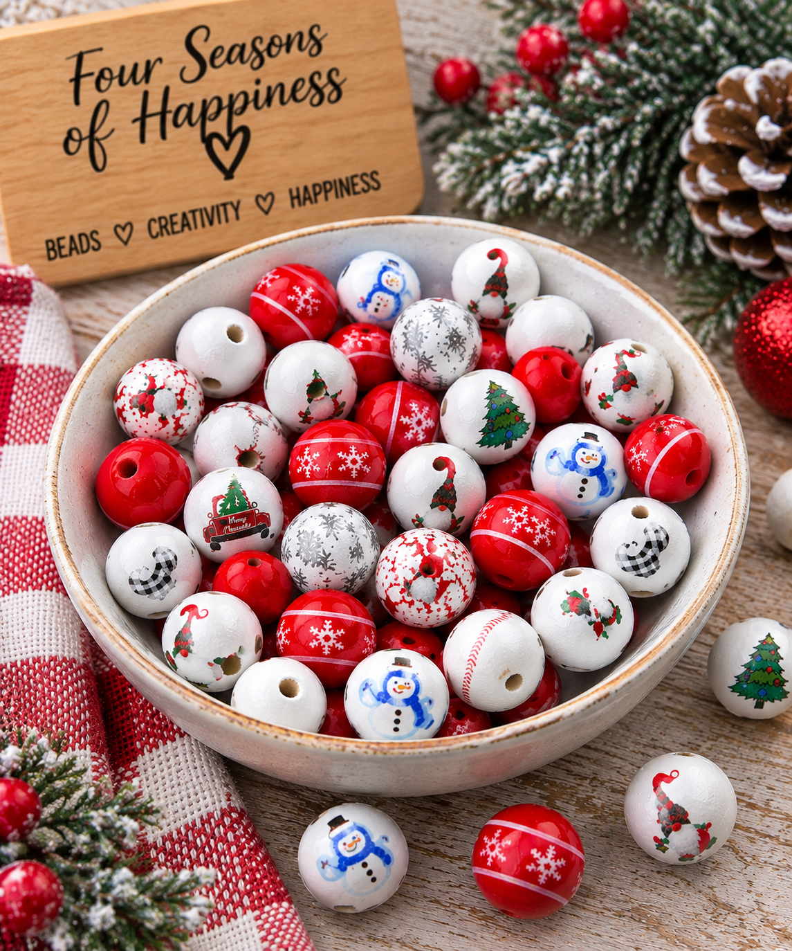 Merry Little Christmas 35-count mix of 16mm printed wood beads featuring assorted red, white and festive Christmas designs for holiday crafts.
