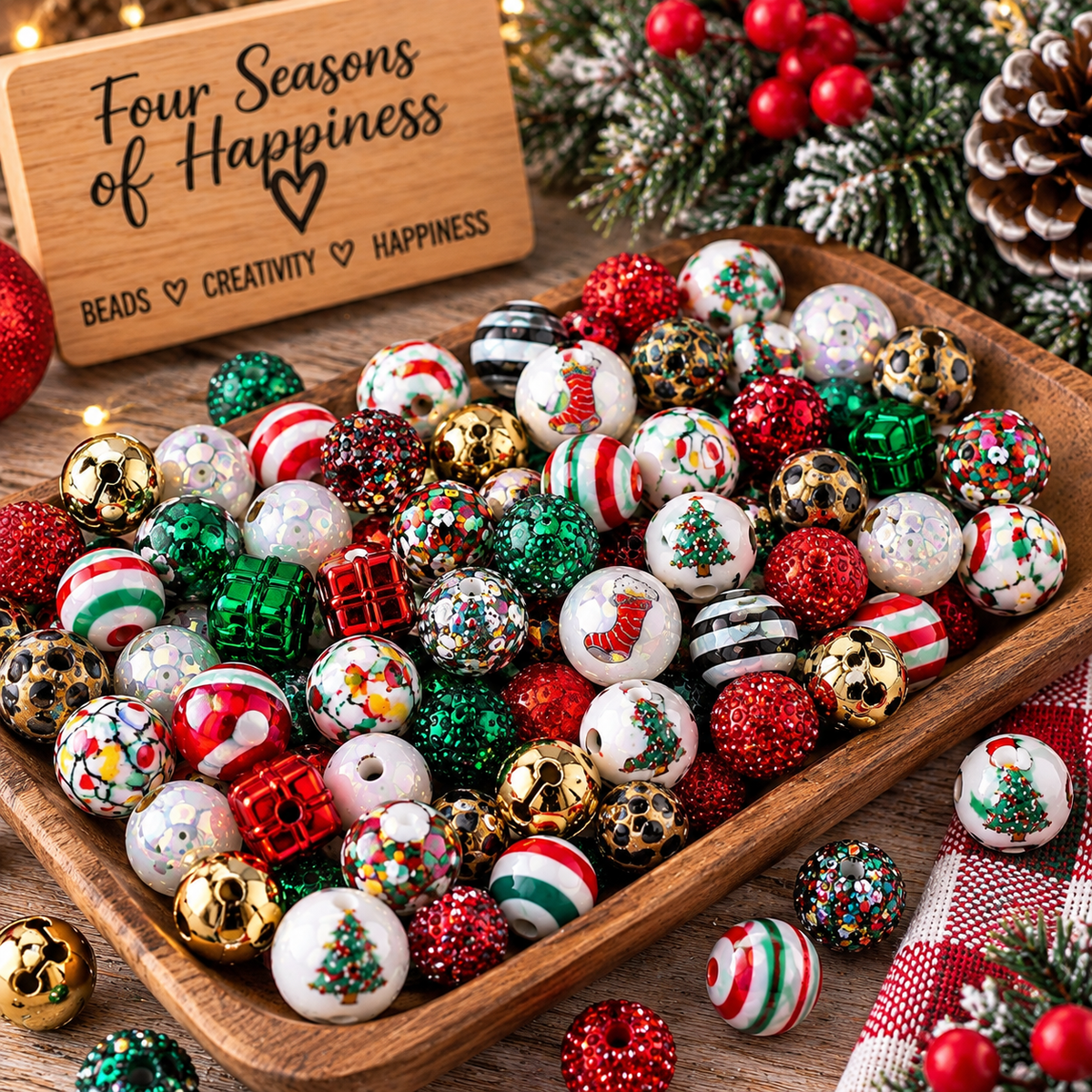Merry & Magical 16mm acrylic Christmas bead mix featuring assorted red, green, white, metallic, striped, printed and sparkling holiday beads from FSOH.
