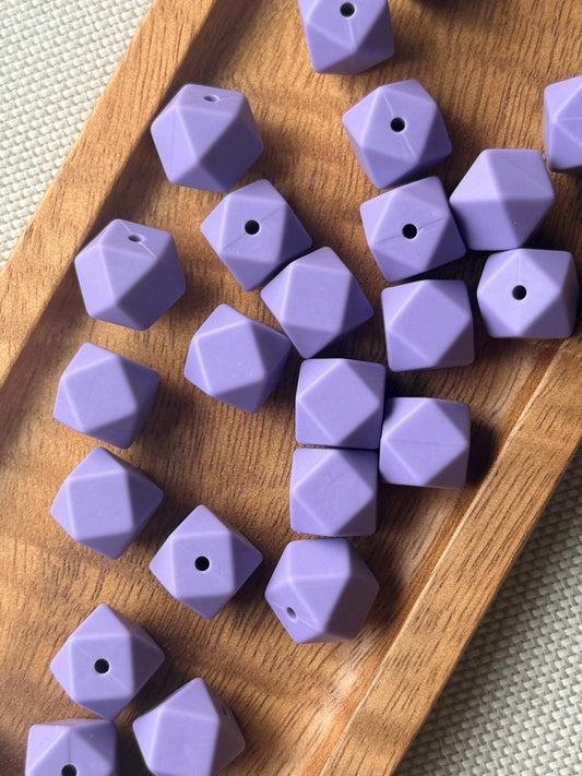 Midnight Orchid 14mm purple silicone hexagon beads with a modern faceted geometric shape, available in 5 or 10 count bags for wristlets, keychains and DIY crafts.
