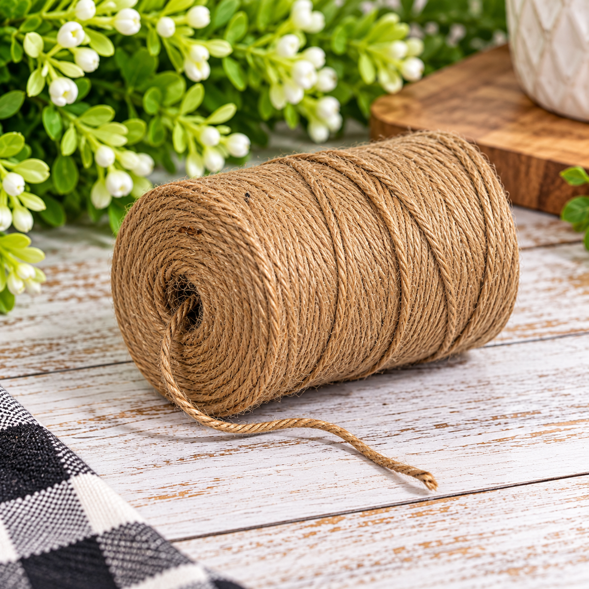 Natural brown 2mm jute twine string wound on a large 6,000-foot spool, ideal for rustic farmhouse crafts, DIY decorations, gift wrapping, floral arrangements, and handmade packaging.