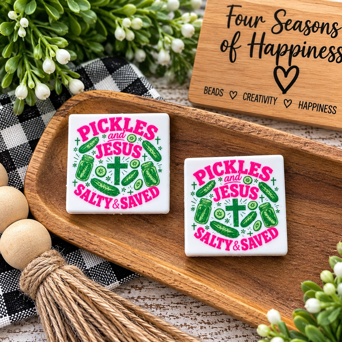 Pickles and Jesus Salty & Saved silicone focal bead featuring bright pink lettering, green pickles and cross details for wristlet and keychain crafts.
