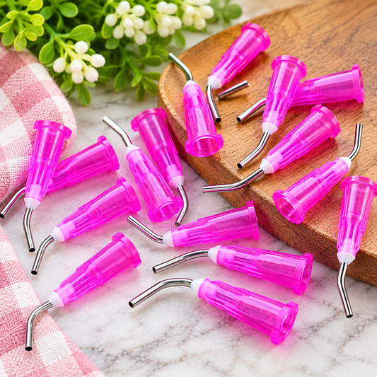 Pink 18G pre-bent precision dispensing tips with metal applicator nozzles for glue, adhesives, rhinestone crafts and DIY jewelry making, sold in bags of 10.
