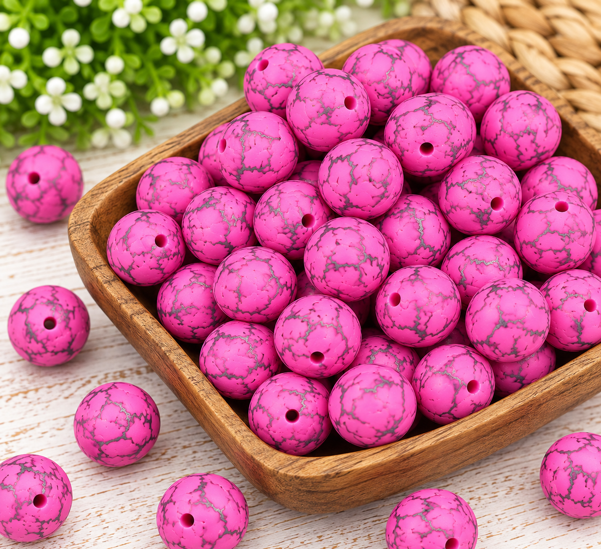 Vibrant pink and gray crackle-patterned 15mm silicone beads arranged in a decorative bowl, ideal for handmade wristlet keychains, bag charms, and DIY crafts.