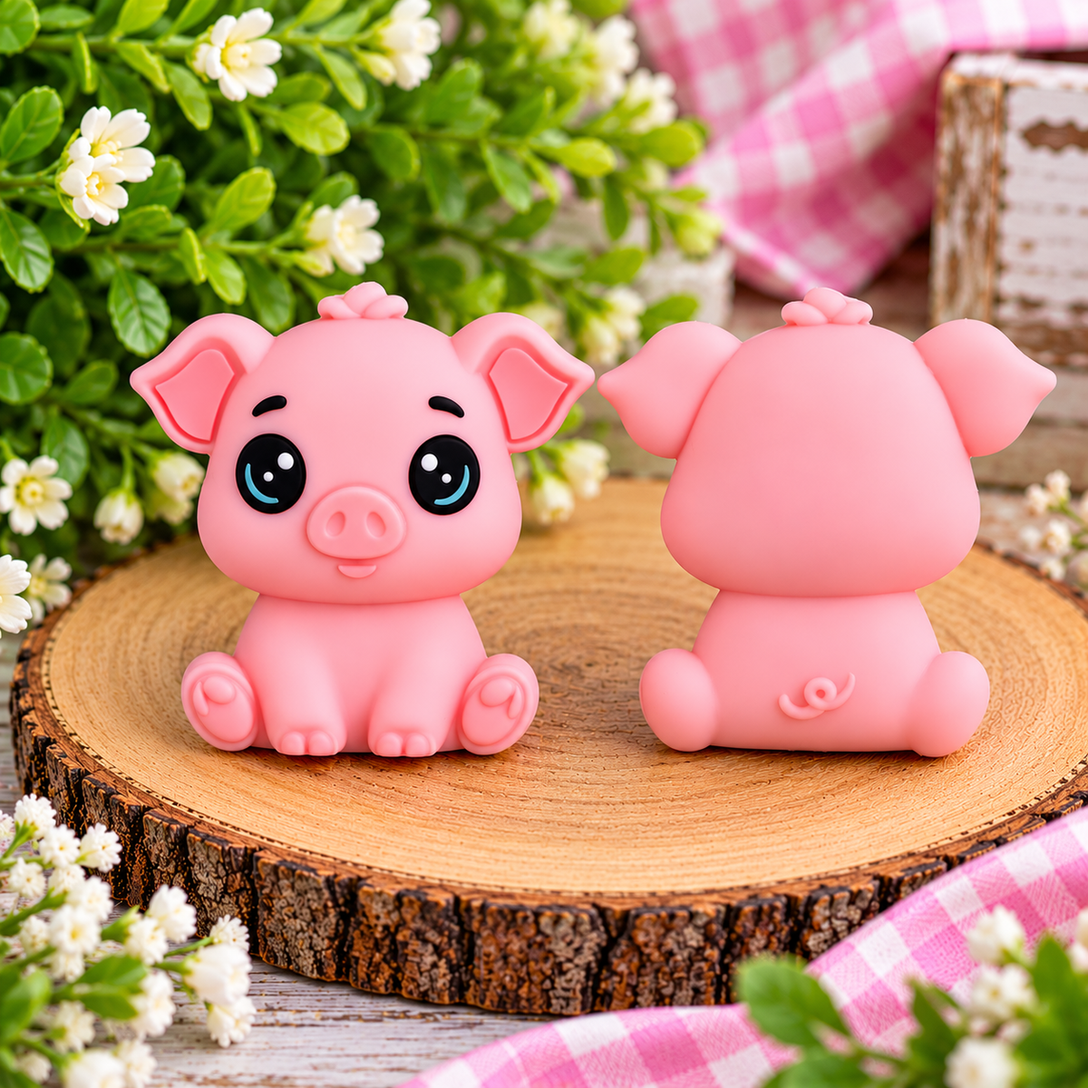 Adorable pink piggy silicone focal bead featuring big cartoon eyes, a cute snout, little ears, and curly tail, displayed from front and back for DIY beaded pens, keychains, and wristlets.