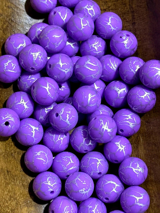 Purple crackle silicone beads 15mm round for bracelet making, beadable pens and DIY jewelry crafts