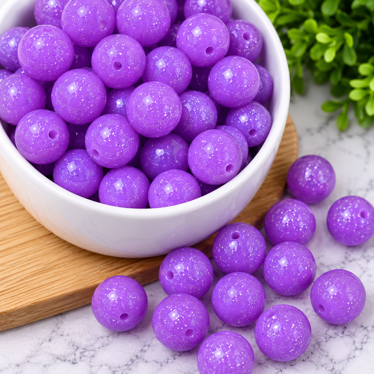 Purple glitter round beads featuring a vibrant purple finish with sparkling glitter accents for beaded crafts, wristlets, keychains and DIY projects.