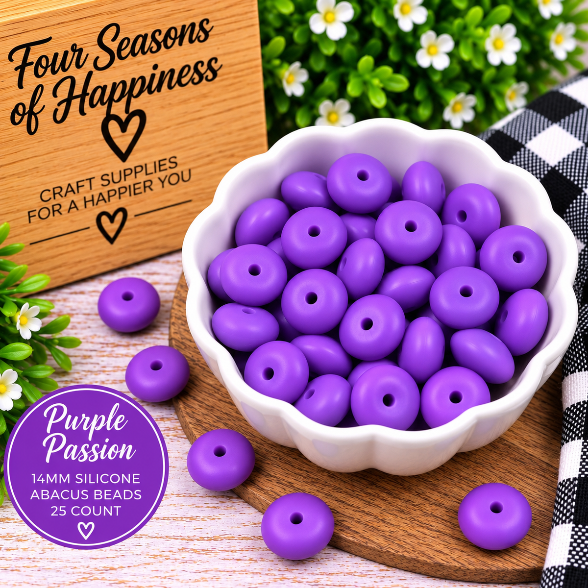 Purple Passion 14mm matte silicone abacus spacer beads in vibrant purple, sold in a 25-count bag by Four Seasons of Happiness.