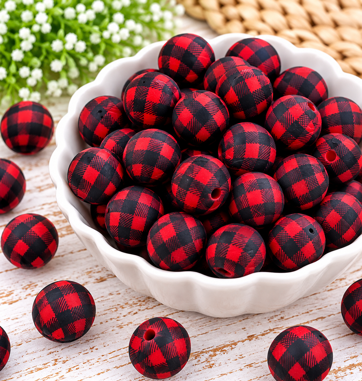 Red buffalo check printed silicone beads displayed with rustic craft styling for DIY keychains, bag charms, and wristlet projects.