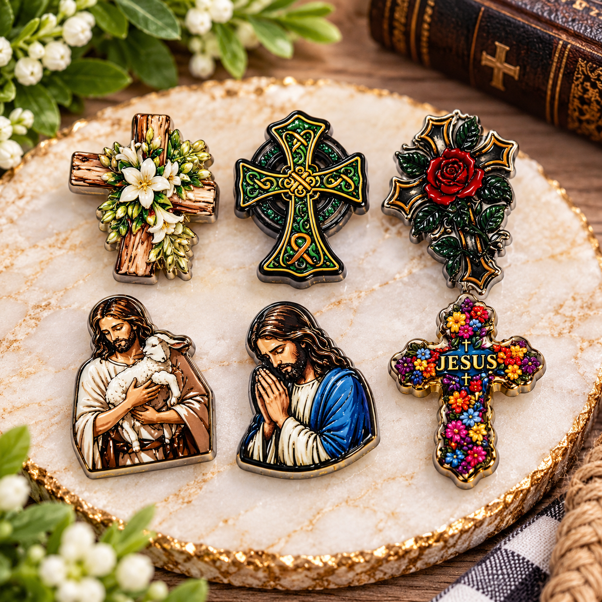 Assorted religious-themed acrylic focal beads featuring Christian crosses, Jesus designs, and floral faith-inspired charms, sold in mystery bags of 6 random beads.