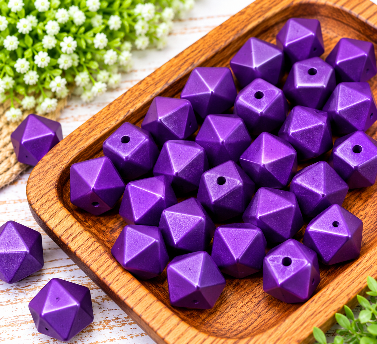 Royal Amethyst rich purple 14mm metallic silicone hexagon beads displayed in a wooden tray, sold in bags of 10