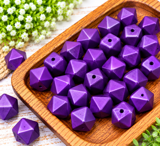 Royal Amethyst rich purple 14mm metallic silicone hexagon beads displayed in a wooden tray, sold in bags of 10