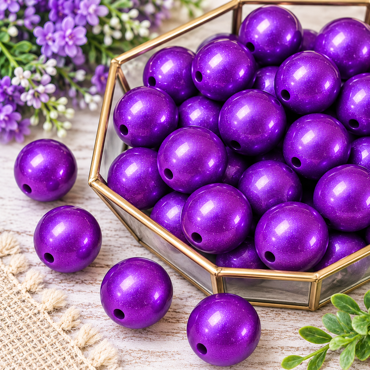 Vibrant royal purple 15mm metallic silicone round beads with a luminous shimmer displayed together