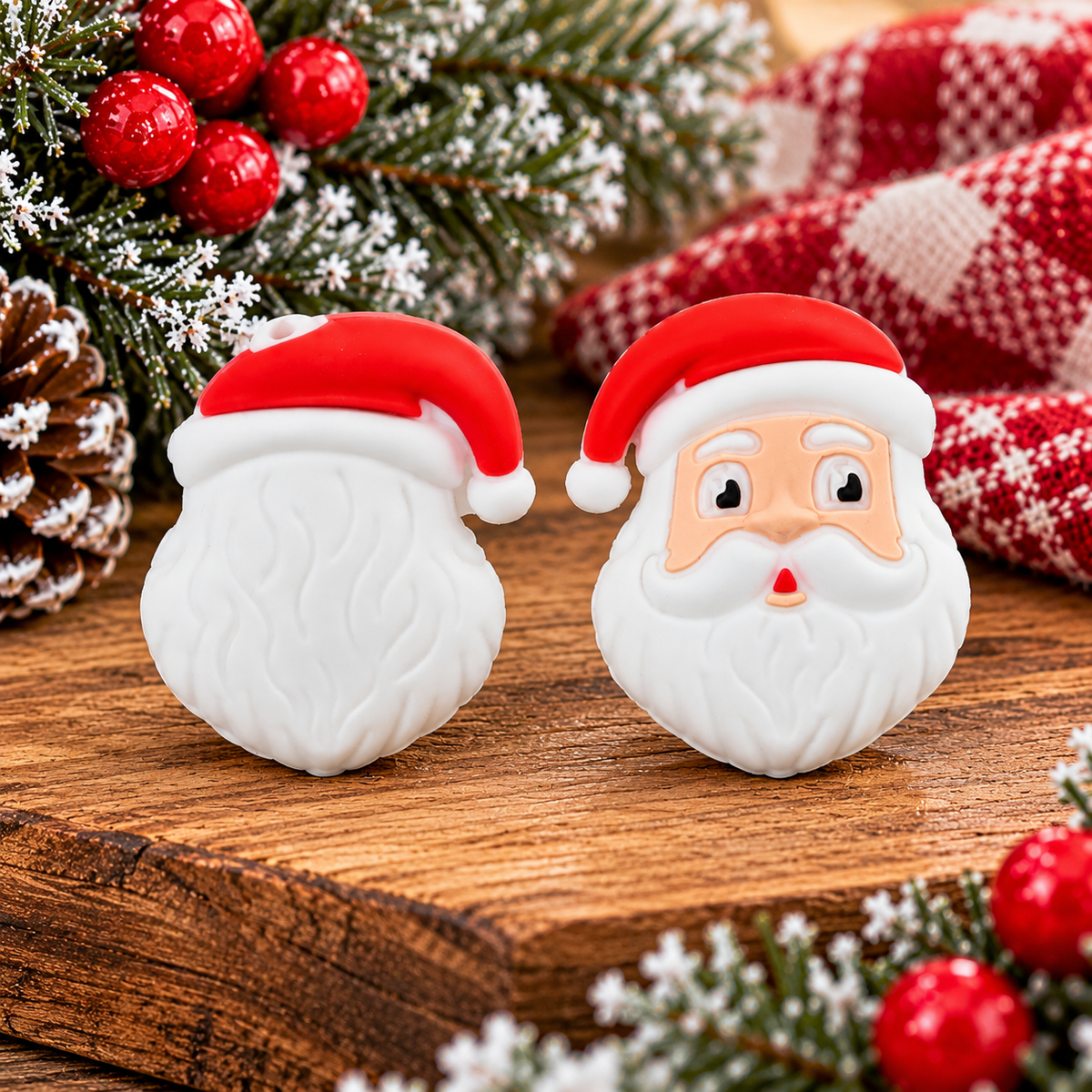 Santa Claus silicone focal bead with red Christmas hat, white beard and cheerful face for DIY holiday crafts