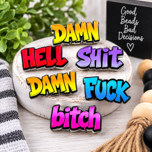 Six colorful adult word acrylic focal beads featuring bold statement lettering in yellow, red, purple, blue and pink for DIY crafts.
