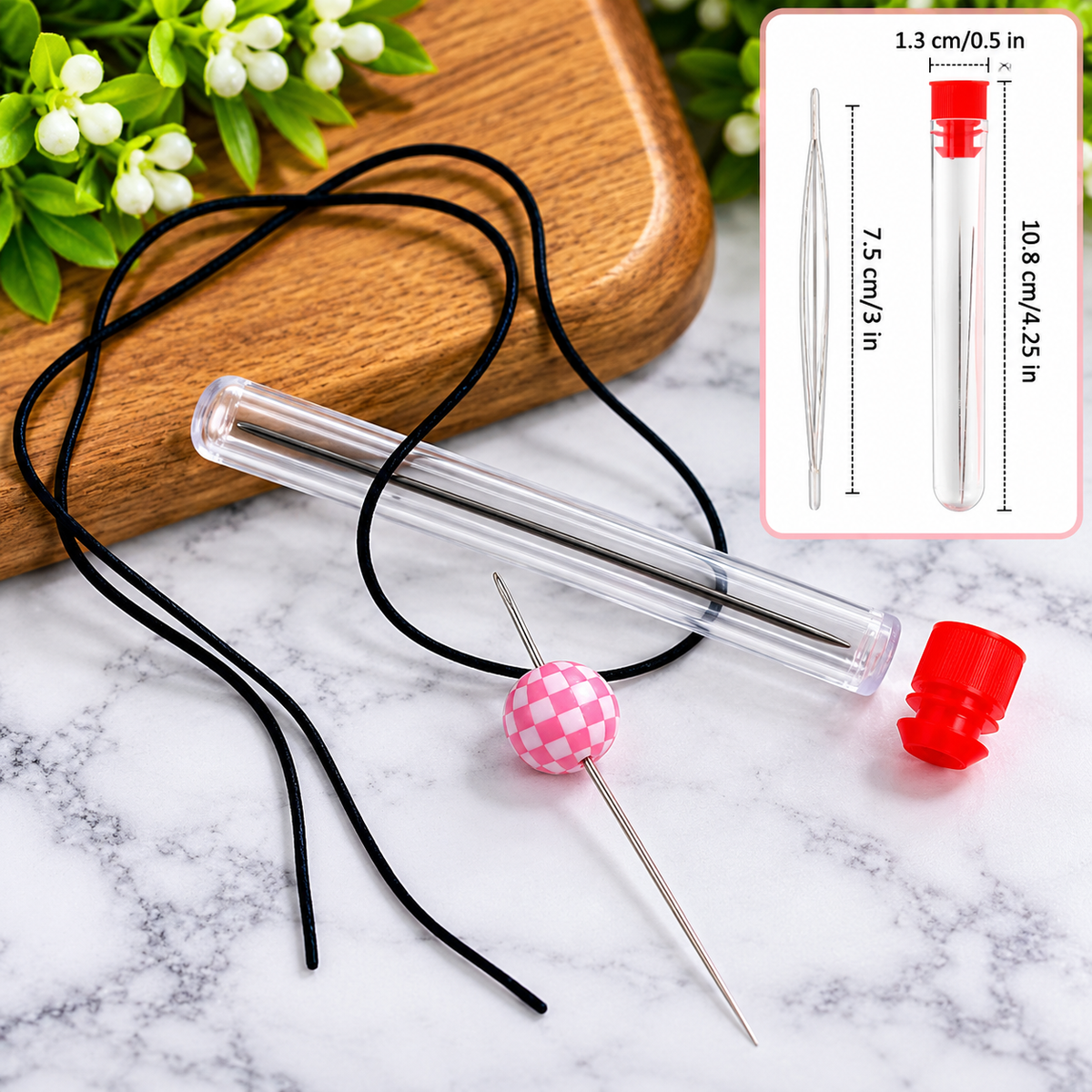 5 stainless steel bead threading needles with clear storage bottle and red cap for jewelry making, beaded wristlets, keychains, bracelets, and DIY crafts.