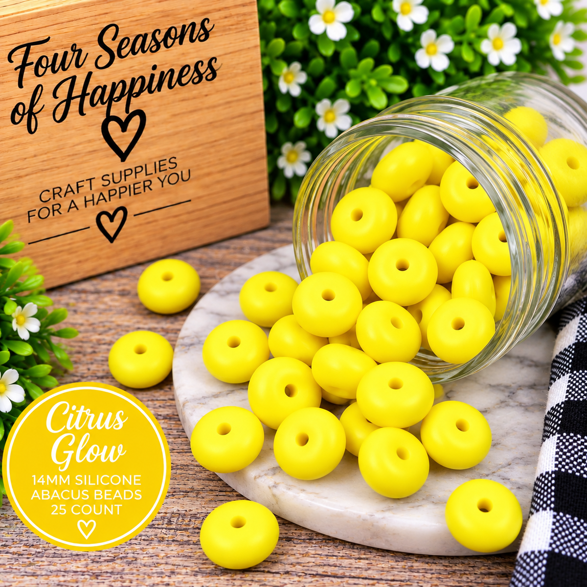 Sunshine Pop bright yellow 14mm matte silicone abacus spacer beads, sold in a 25-count bag by Four Seasons of Happiness.