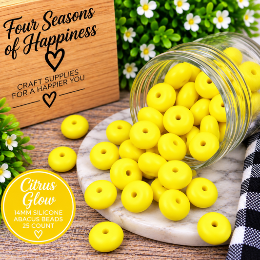 Sunshine Pop bright yellow 14mm matte silicone abacus spacer beads, sold in a 25-count bag by Four Seasons of Happiness.