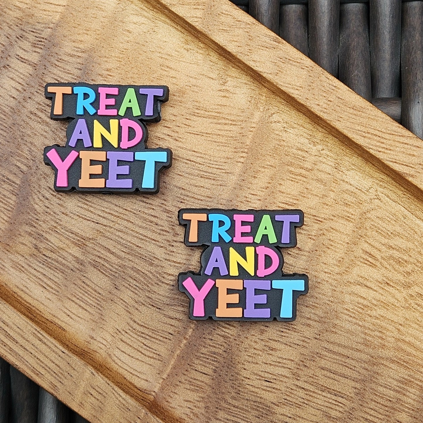 Colorful Treat and Yeet silicone focal bead for Halloween beadable pens, keychains, wristlets, badge reels, bookmarks, zipper pulls, and DIY craft projects.