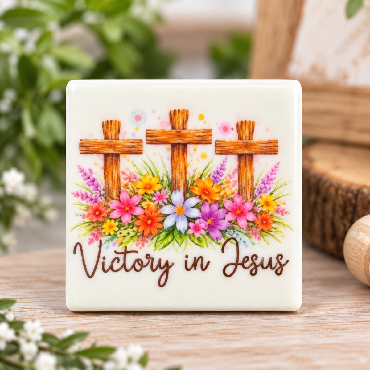 Victory in Jesus printed silicone focal bead featuring three wooden-style crosses surrounded by colorful flowers on a white background.