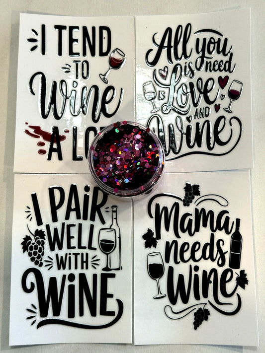 Wine themed UVDTF cup wraps with glitter for DIY snow globe tumblers and drinkware crafting from Four Seasons of Happiness.