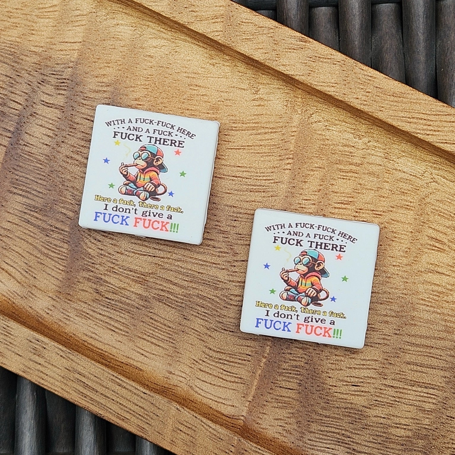 Funny adult-themed silicone focal bead featuring colorful monkey graphic with humorous saying. Premium silicone craft bead for pens, keychains, wristlets, badge reels and DIY projects.
